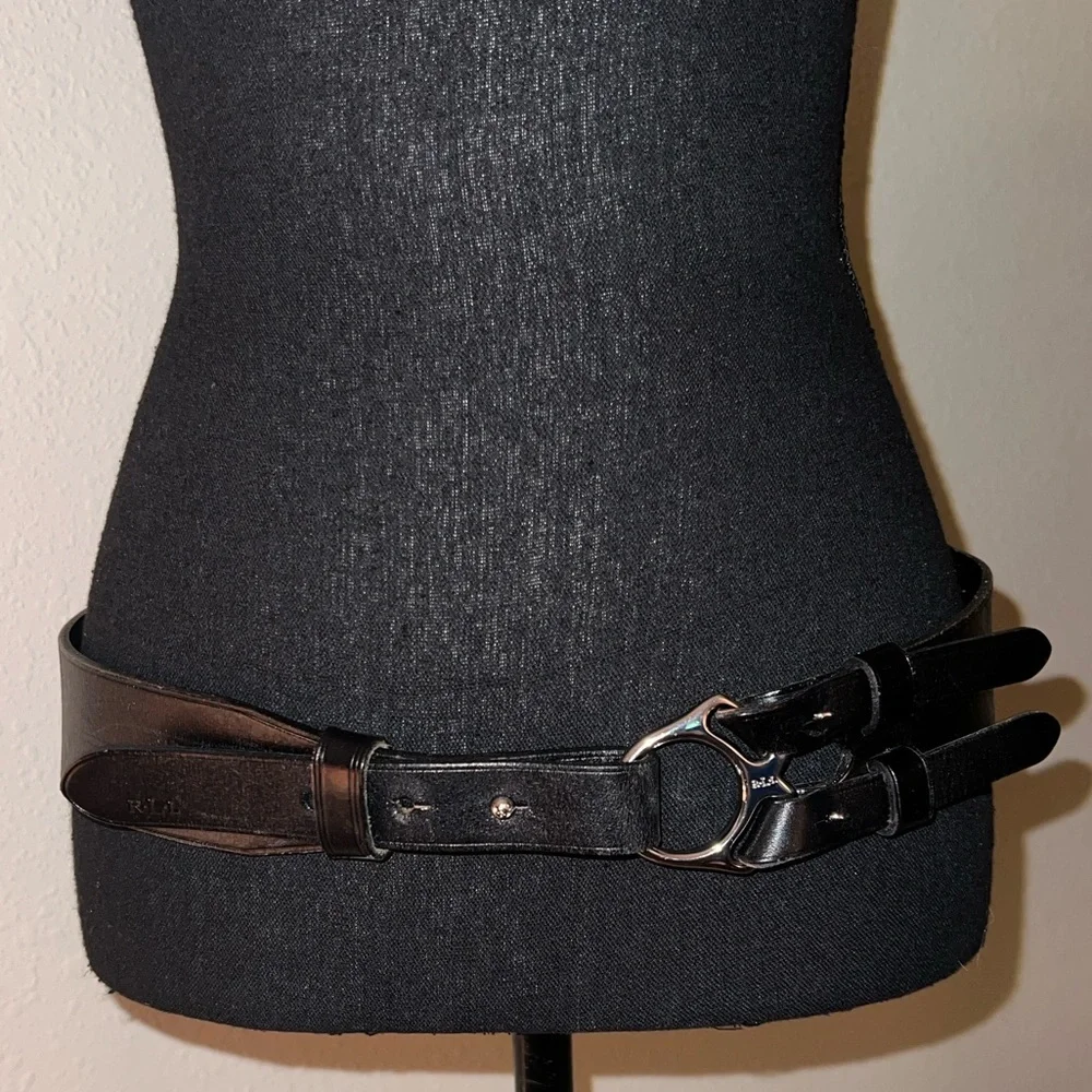 Ralph Lauren Women’s Classic Black Leather Belt with Silver Ring Buckle Medium